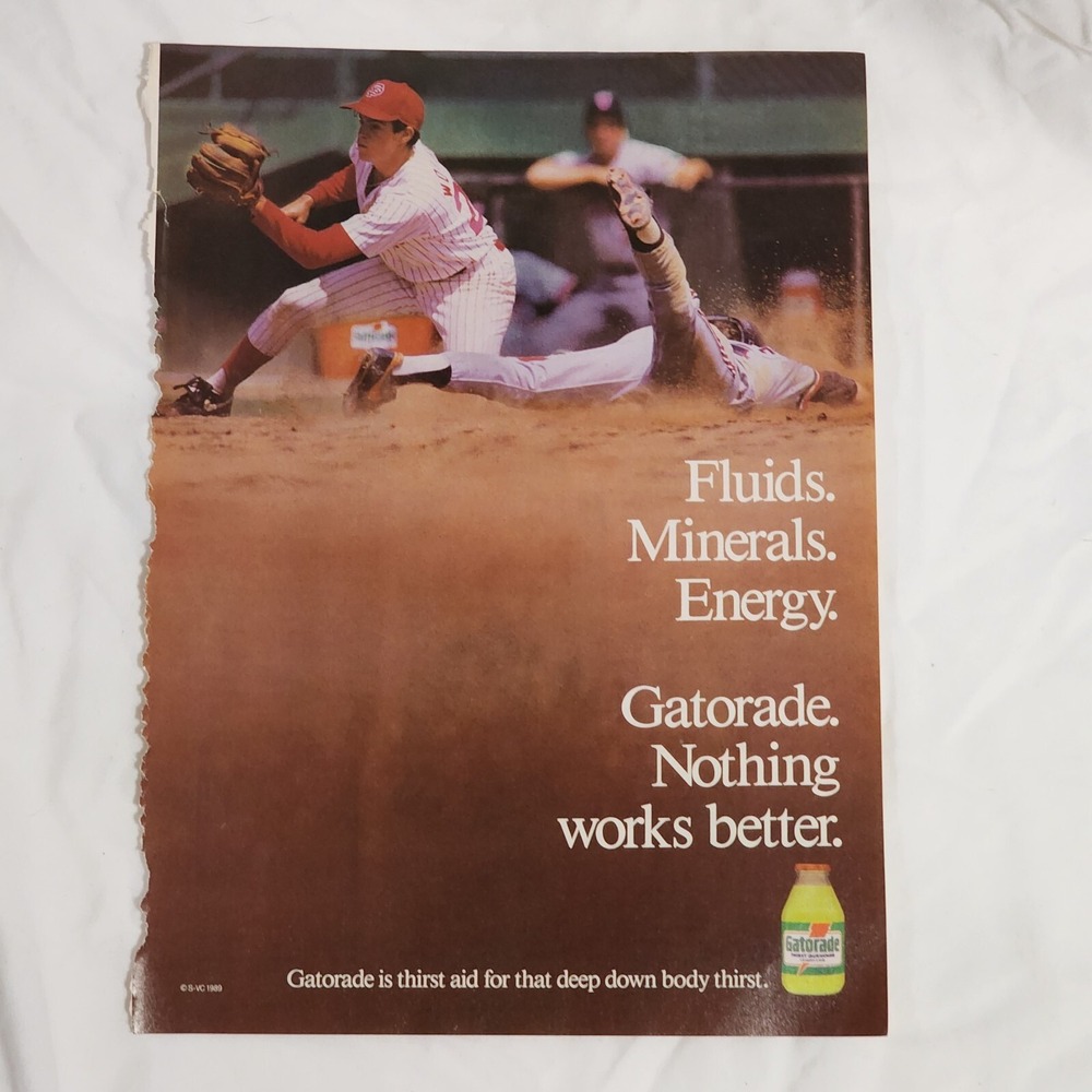 Vintage Print Ad Gatorade baseball player Fluids Minerals Energy clipping 1989